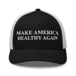 Black and white trucker hat with 'MAKE AMERICA HEALTHY AGAIN' embroidered text, patriotic apparel