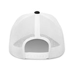 White mesh trucker hat with black button and adjustable strap, perfect for patriotic American gear.