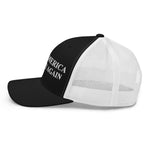 Black and white trucker hat with 'America Again' text, patriotic apparel for American patriots