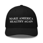 Black trucker hat with 'MAKE AMERICA HEALTHY AGAIN' embroidered in white, patriotic apparel for American pride.