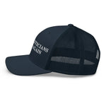 Navy blue trucker hat with 'Politicians Again' text, patriotic graphic cap for American patriots