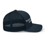 Navy blue trucker hat with white 'MAKE PO AFRAT' text, patriotic style cap for American patriots