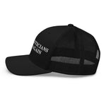 Black trucker hat with 'Politicians Again' text, patriotic American style cap