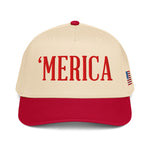 ’Merica patriotic embroidered 5 panel snapback baseball hat with red bill and structured front panel