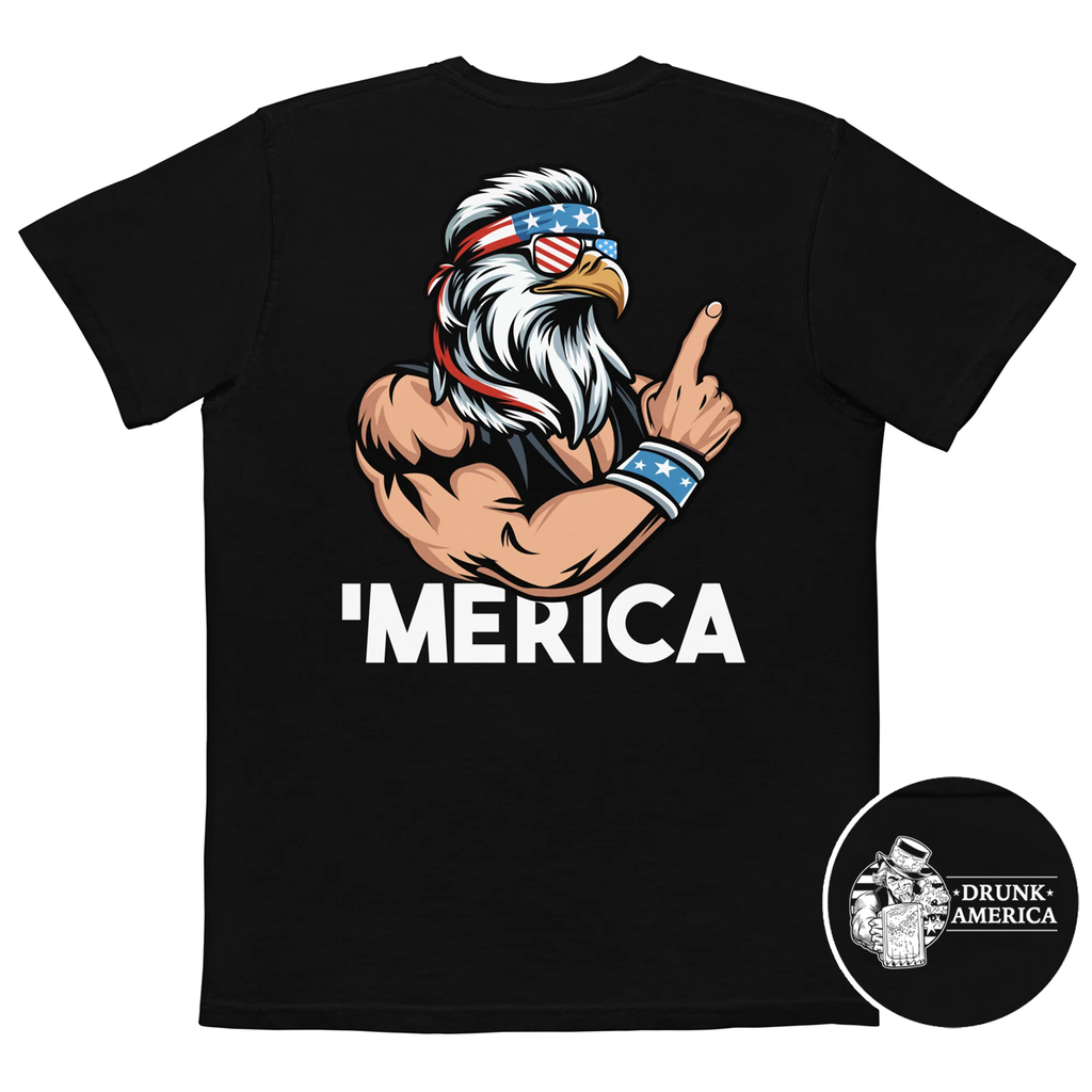 Merica Patriotic Bald Eagle With Mullet Comfort Colors Pocket Tee - Drunk America