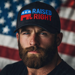 Patriot wearing a raised right republican trucker hat in front of an American Flag