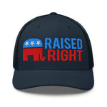 Drunk America Raised Right trucker hat side angle embroidered detail
