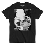 Drunk America black JFK political graphic t shirt featuring vintage black and white smoking portrait on front
