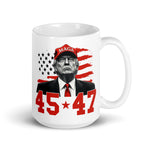 Trump MAGA 45–47 patriotic coffee mug with American flag design